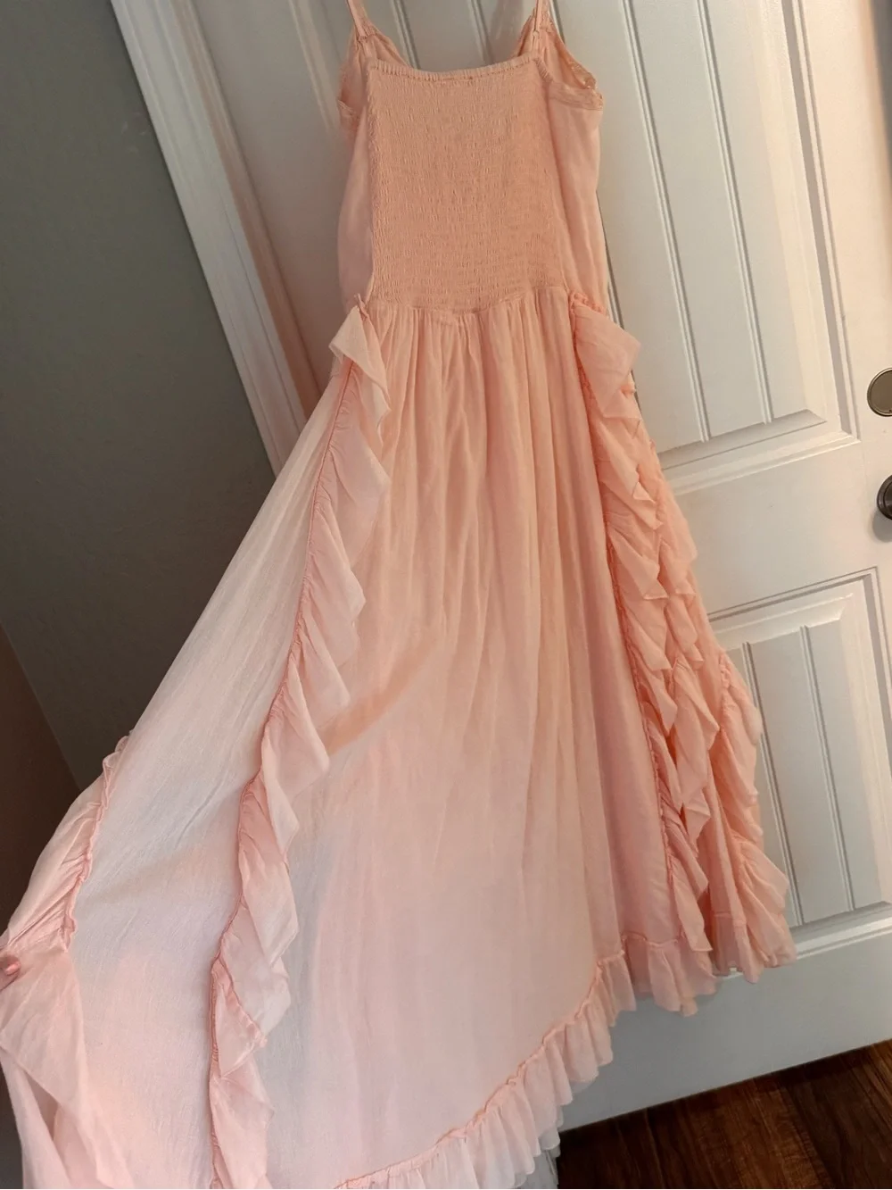 Boho Peach Ruffle Maxi Dress Lace Trim Smocked Back Festival Cottagecore - Picture 9 of 10